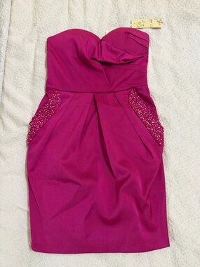 C.Luce hot pink strapless cocktail dress featuring rhinestone embellishments S